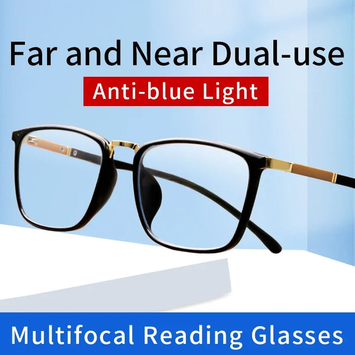 Progressive Multifocal Reading Glasses for Men, Anti Blue Ray Anti-fatigue Presbyopia Eyeglasses,Square Computer Glasses
