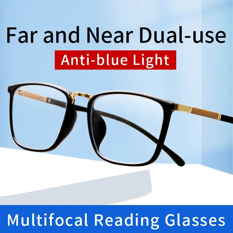 Progressive Multifocal Reading Glasses for Men, Anti Blue Ray Anti-fatigue Presbyopia Eyeglasses,Square Computer Glasses