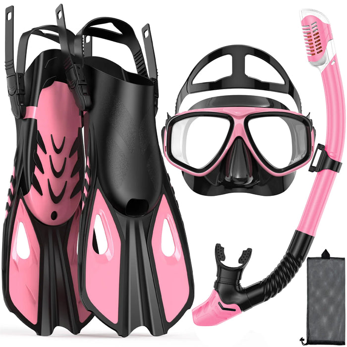 Mask Fins Snorkel Set 4 in 1 Panoramic View Dry Top Adjustable Short Dive Flippers Travel Bag Scuba Gear Diving Swimming Adults