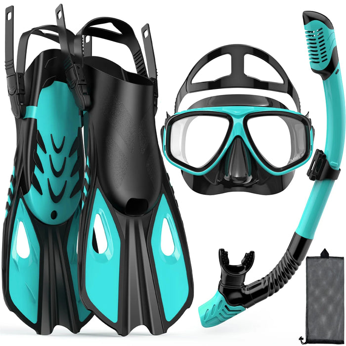 Mask Fins Snorkel Set 4 in 1 Panoramic View Dry Top Adjustable Short Dive Flippers Travel Bag Scuba Gear Diving Swimming Adults