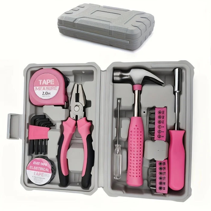 24pcs Pink Home Tool Kit Set Portable Compact Case Basic Hand Tools for Women DIY Household Repair Ideal Complete Gift