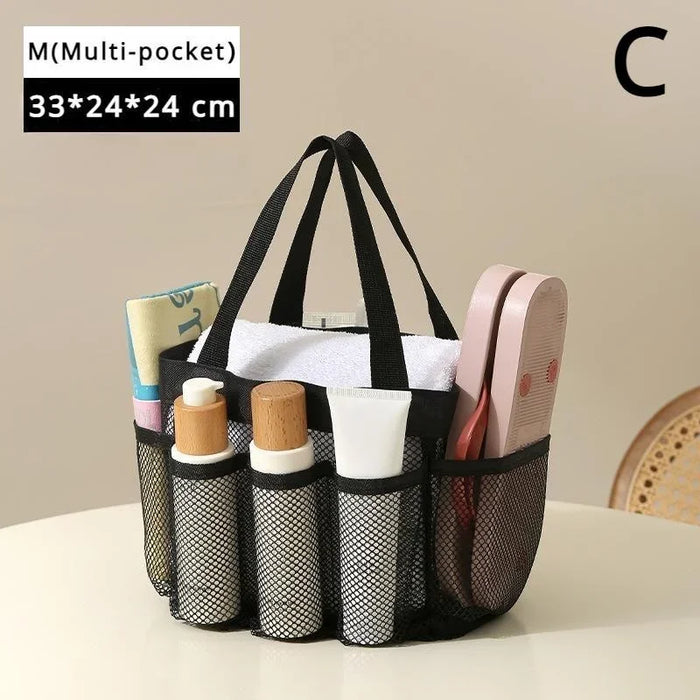 Bolsa de almacenamiento portátil de malla, organizador de ducha colgante para artículos de tocador y baño. Gran capacidad para playa, piscina, gimnasio y viajes.
