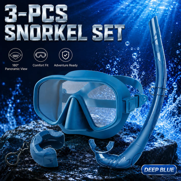 JSJM New 3PCS Snorkel Set Diving Mask Wet Snorkel Anti Fog Leak Proof Tempered Glass Wide View Silicone for Adults Men Women
