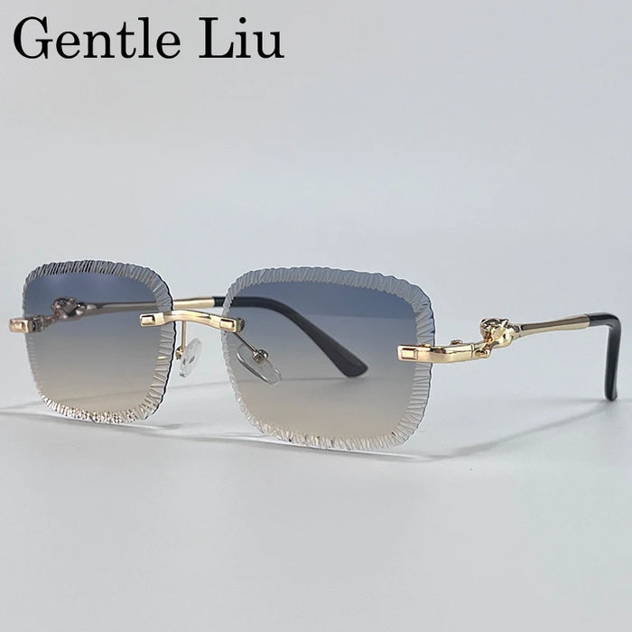Rimless Square Sunglasses Men 2026 Luxury Brand Cut Edge Eyewear Trendy Leopard Head Sunglass For Male Punk Metal Frame Shades