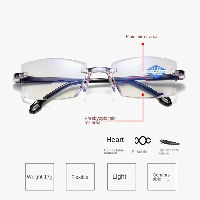 1PC New Diamond-cut Bifocal Progressive Reading Glasses Ultralight Rimless Men Blue Light Blocking Multifocal Eyewear +0~+4.0