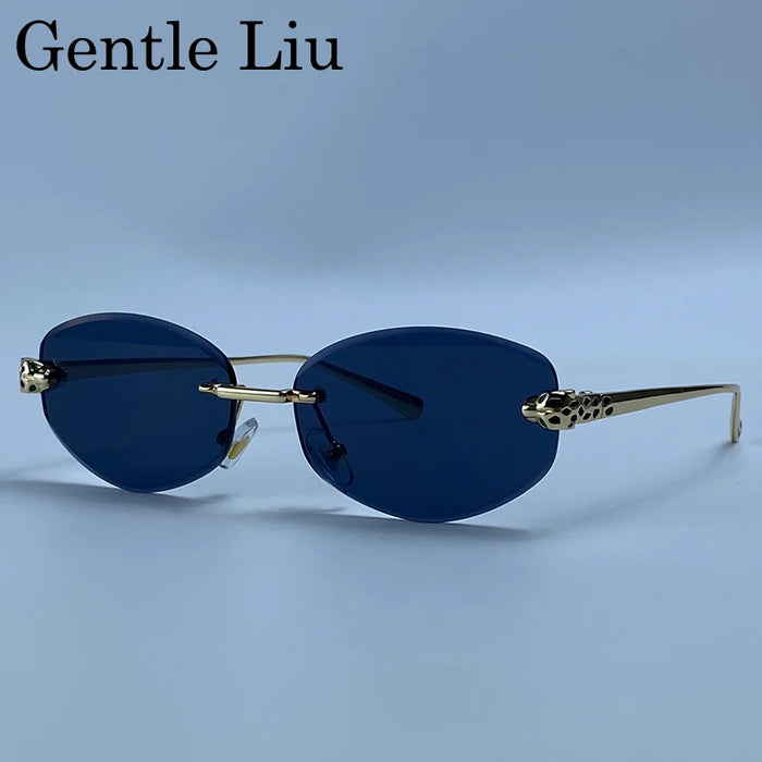 Rimless Leopard Head Sunglasses Men Luxury Designer Vintage Small Oval Sun Glasses Male Metal Frame Eyewear Retro Driving Shades