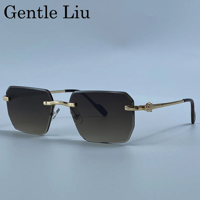 Y2K Rimless Square Sunglasses Men 2026 Luxury Vintage Punk Sun Glasses Hip Hop Metal Frame Steampunk Shades Leopard Head Eyewear