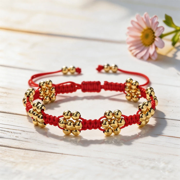 Handmade Red Rope Braided Bracelets Petal Shape Copper Beads Cluster Bangles for Women Men Friendship Couple Lucky Jewelry Gift