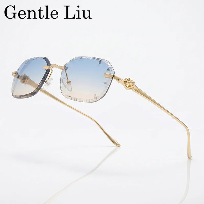 Petites lunettes de soleil rectangulaires punk sans monture homme 2026, monture léopard de luxe sans bords, verres découpés, style rétro, monture métal doré
