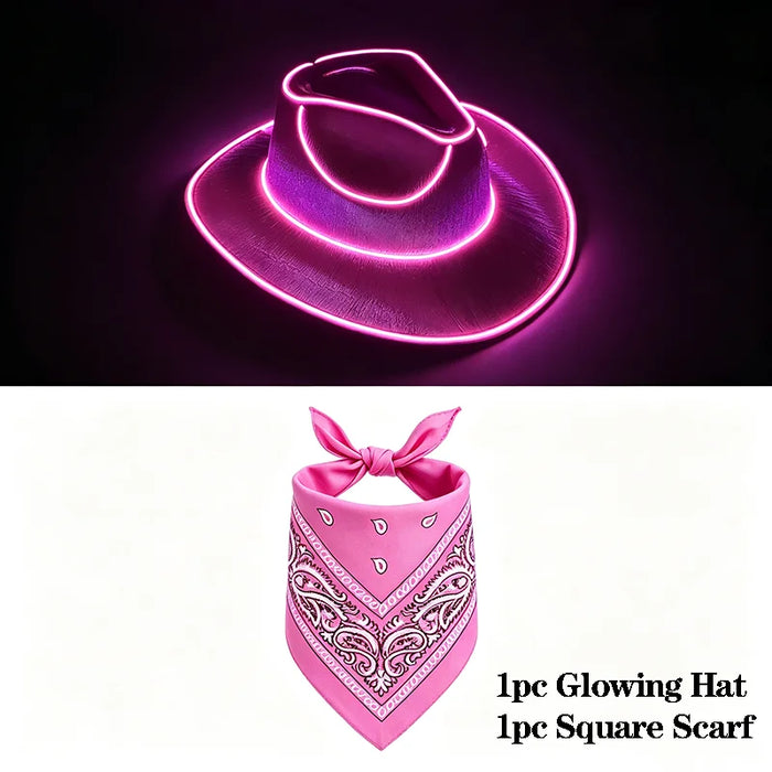 Juego de sombrero de vaquero que brilla con alambre EL, pañuelo cuadrado, luz de neón, sombrero para mujeres y hombres, fiesta de Halloween, disfraz de cosplay