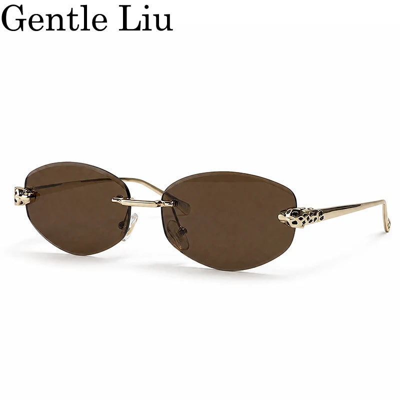 Rimless Leopard Head Sunglasses Men Luxury Designer Vintage Small Oval Sun Glasses Male Metal Frame Eyewear Retro Driving Shades