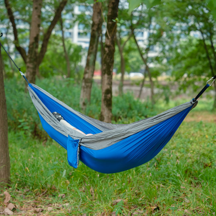 Hamaca portátil de camping para todas las estaciones, ideal para mochileros, senderismo, viajes a la playa y relajación en el jardín. Uso en exteriores.