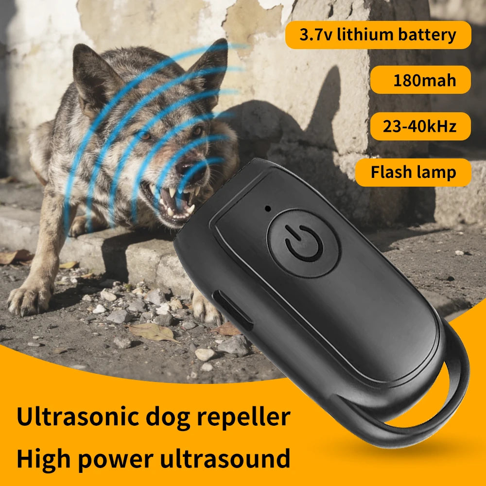 Portable Ultrasonic Dog Repeller 180mAh Rechargeable 23 40KHZ Long Distance Outdoor Deterrent Tool With Flash Light