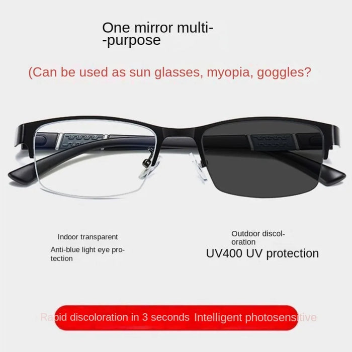 1PC Men's Business Photochromic Myopia Glasses Half Frame Metal Blue Light Blocking Eyewear Classic UV Shades Sunglasses