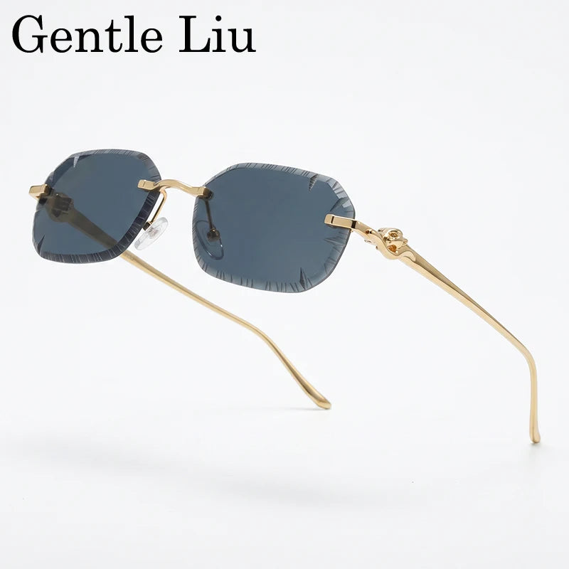 Petites lunettes de soleil rectangulaires punk sans monture homme 2026, monture léopard de luxe sans bords, verres découpés, style rétro, monture métal doré