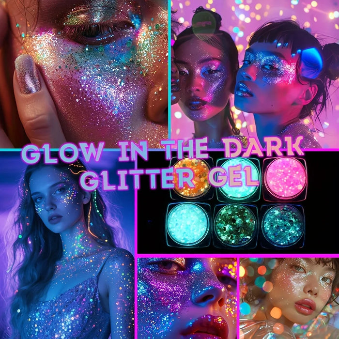 6pcs Glow in The Dark Glitter Gel Water-Based Chunky Glitter for Mardi Gras Christmas Carnival Rave Festival Outfits