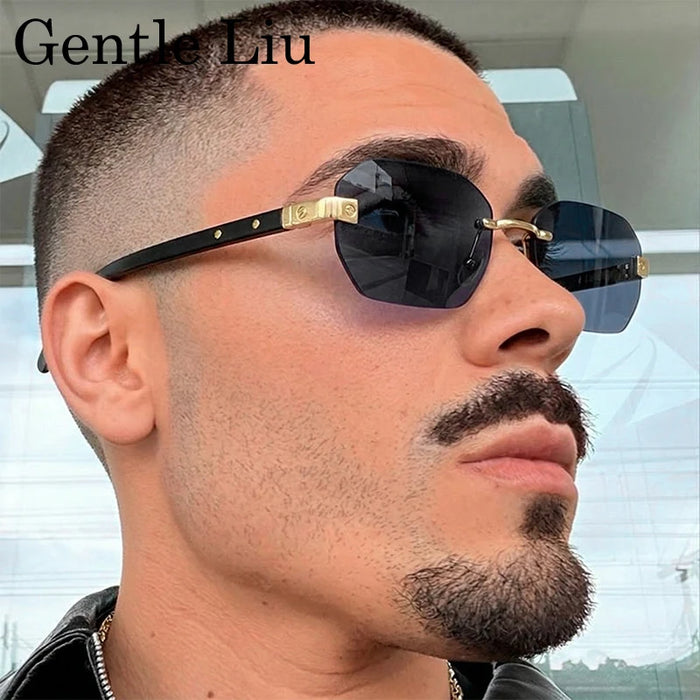 Gafas de sol pequeñas cuadradas sin montura para hombre 2026, de lujo, de diseñador, vintage, poligonales, rectangulares, con montura metálica dorada, estilo retro