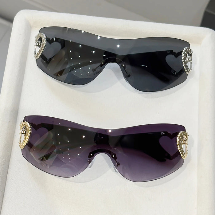 2 gafas Y2K integradas sin montura, diseño de doble corazón, versátiles para fotografía callejera diaria/viajes de mujer