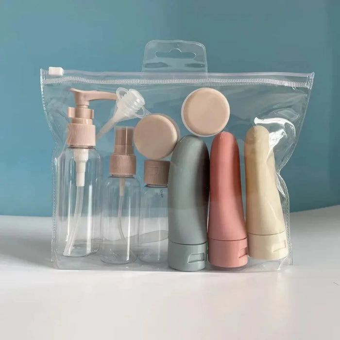 Juego de 11 botellas de viaje con bolsa de almacenamiento, recipientes de viaje vacíos para líquidos, cremas, lociones, botella pulverizadora de niebla fina, tubos exprimibles