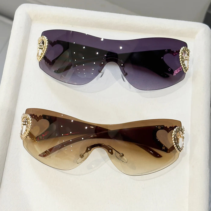 2 gafas Y2K integradas sin montura, diseño de doble corazón, versátiles para fotografía callejera diaria/viajes de mujer