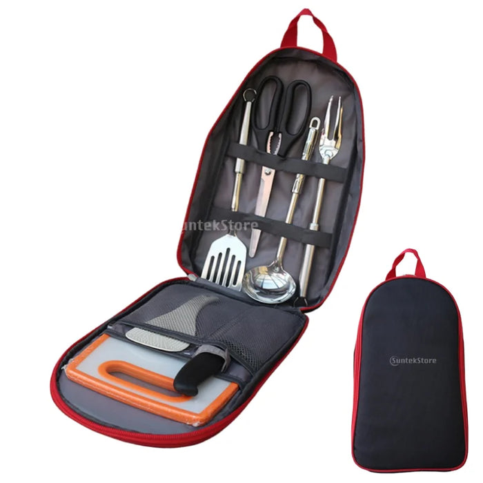 Juego de utensilios de cocina de camping de 7 piezas con bolsa de transporte para barbacoa, playa, senderismo, viajes, organizador, almacenamiento, utensilios de cocina, equipo