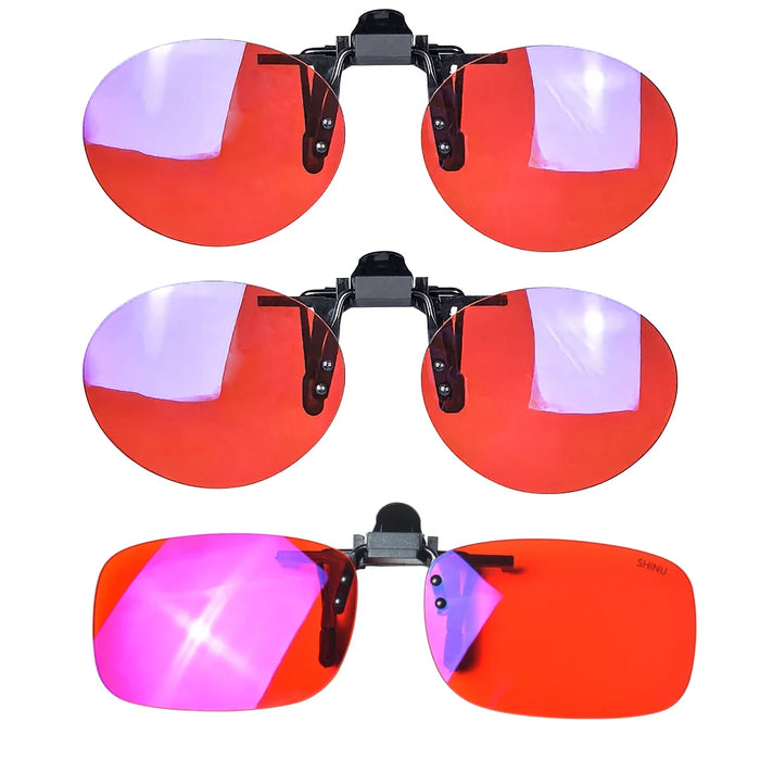 Antilentes de luz azul con clip Lentes rojos con clip para dormir mejor Lente naranja con clip para jugar o trabajar Lente amarilla polarizada para conducir
