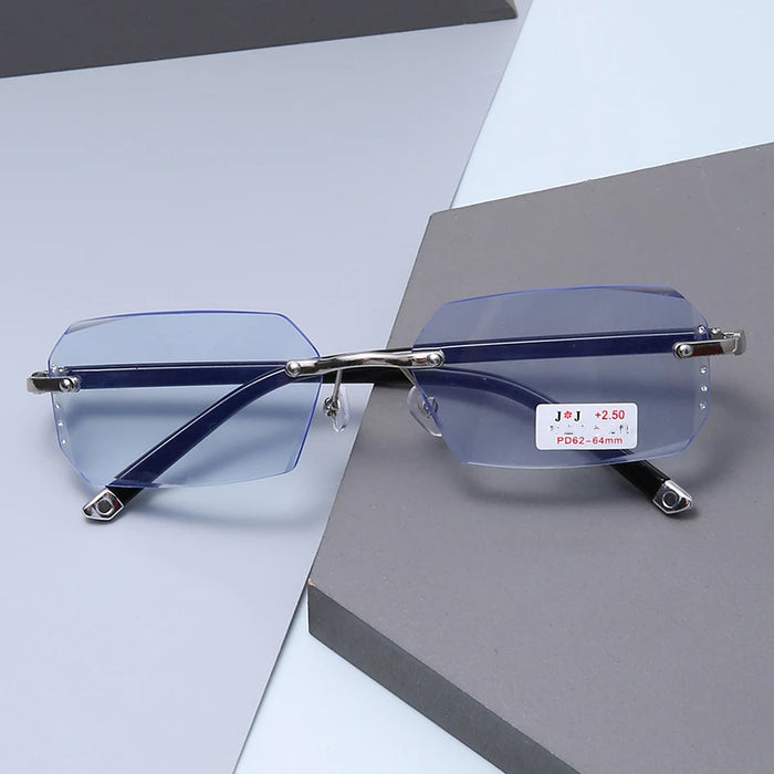 Diamond Studded Frameless Blue Light Reading Glasses for Men And Women with Blue Film Flat Light Cut Border