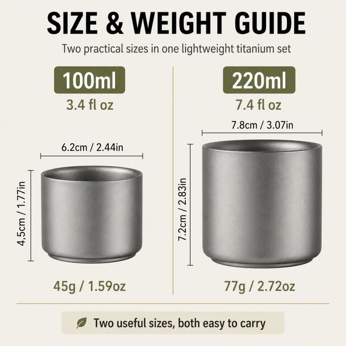 Pure Titanium Double-Wall Cup Set, 100ml & 220ml Coffee and Tea Cups, Lightweight Nesting Drinkware for Home Travel and Outdoors