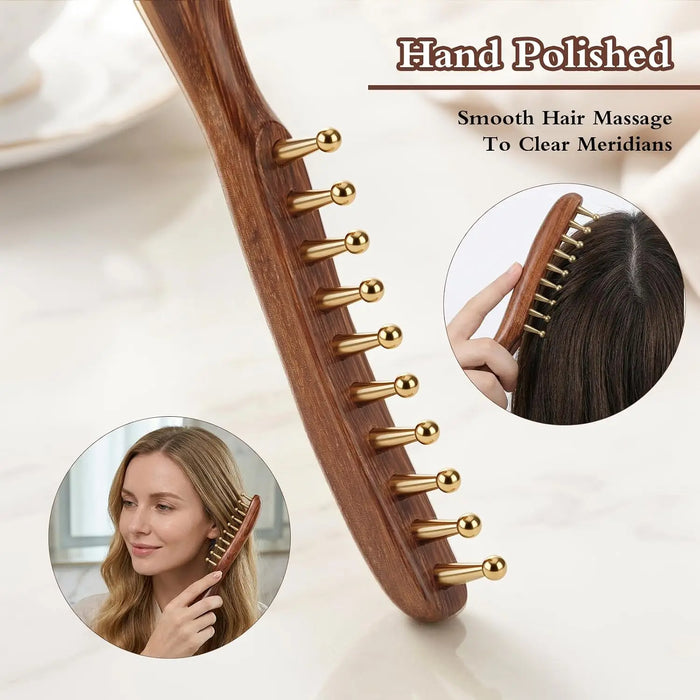 Sandalwood Copper Bead 10 Tooth Scalp Massage Comb and Acupressure Face Massager for Jaw Tension Relief Facial & Neck Relaxation