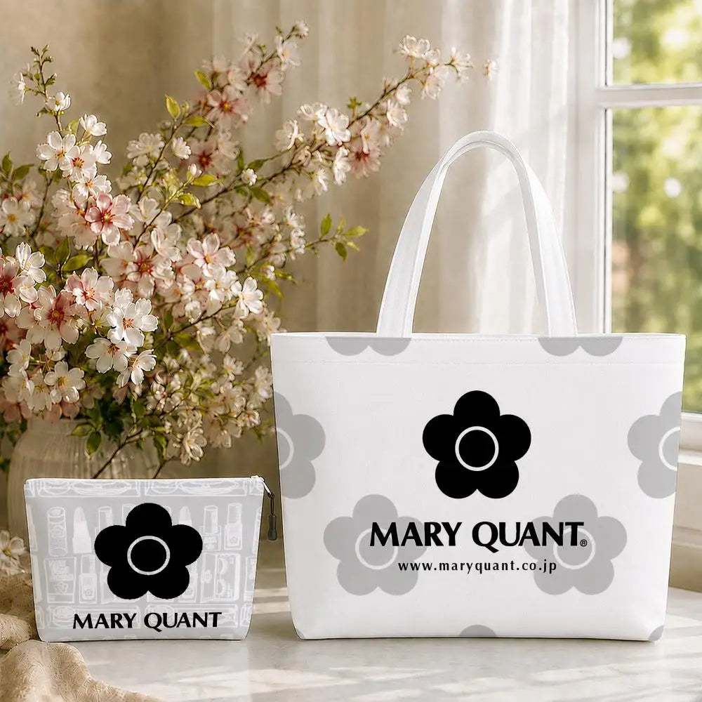 Fashion M-Mary Quant Storage Bags 2-Piece Canvas Tote Bag Set with Zipper Pouch Large Capacity Shopping Travel Bag