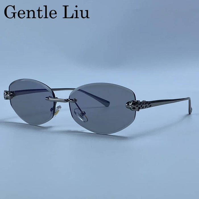 Rimless Leopard Head Sunglasses Men Luxury Designer Vintage Small Oval Sun Glasses Male Metal Frame Eyewear Retro Driving Shades