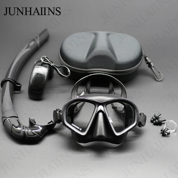 JUNHAIINS Tempered Glass Freediving Mask Snorkeling Set Foldable Snorkel J-Type Diving Mask with Camera Mount