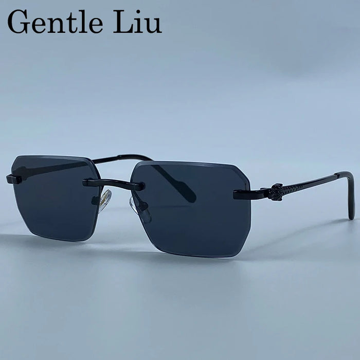 Y2K Rimless Square Sunglasses Men 2026 Luxury Vintage Punk Sun Glasses Hip Hop Metal Frame Steampunk Shades Leopard Head Eyewear
