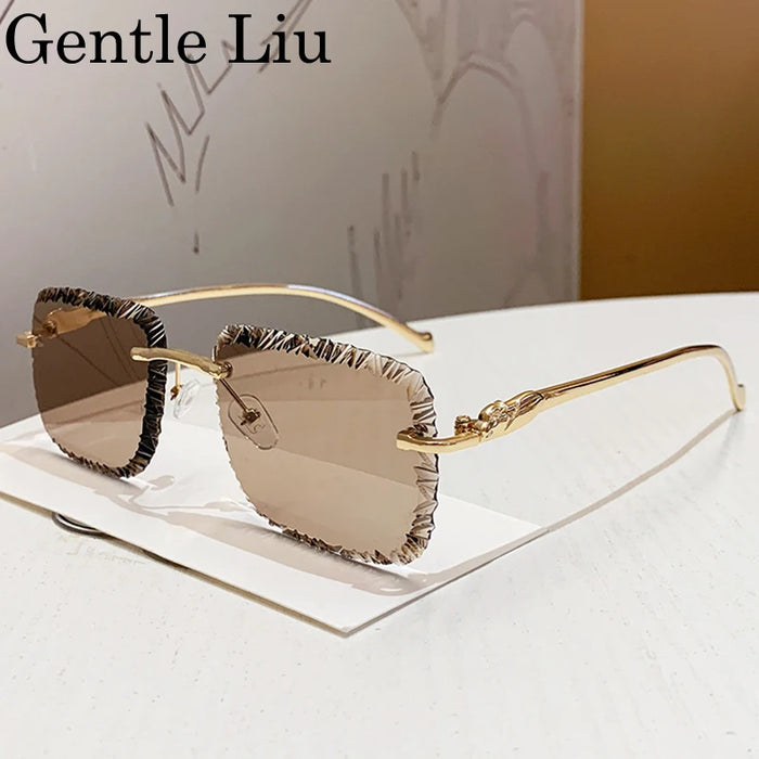 Gafas de sol de moda cuadradas sin montura estilo punk para hombre 2025 de marca de lujo con borde cortado sin marco gafas de sol para hombre con cabeza de leopardo