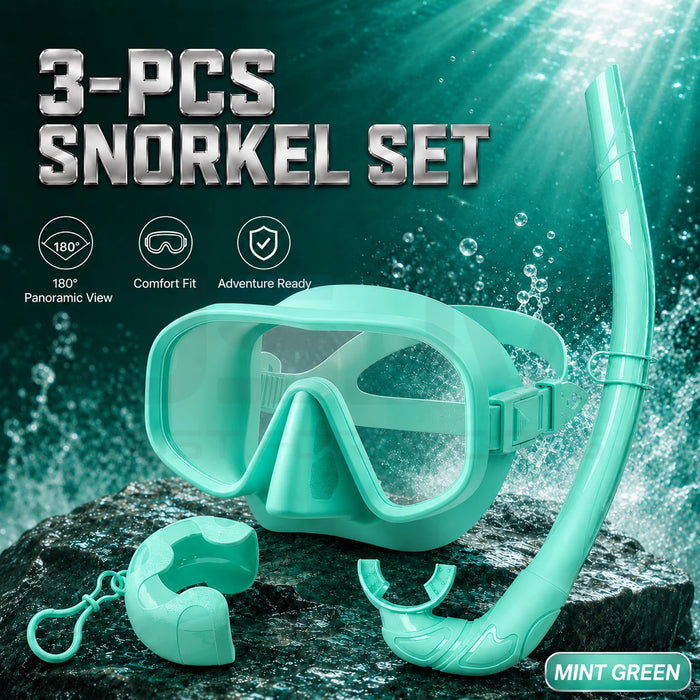JSJM New 3PCS Snorkel Set Diving Mask Wet Snorkel Anti Fog Leak Proof Tempered Glass Wide View Silicone for Adults Men Women