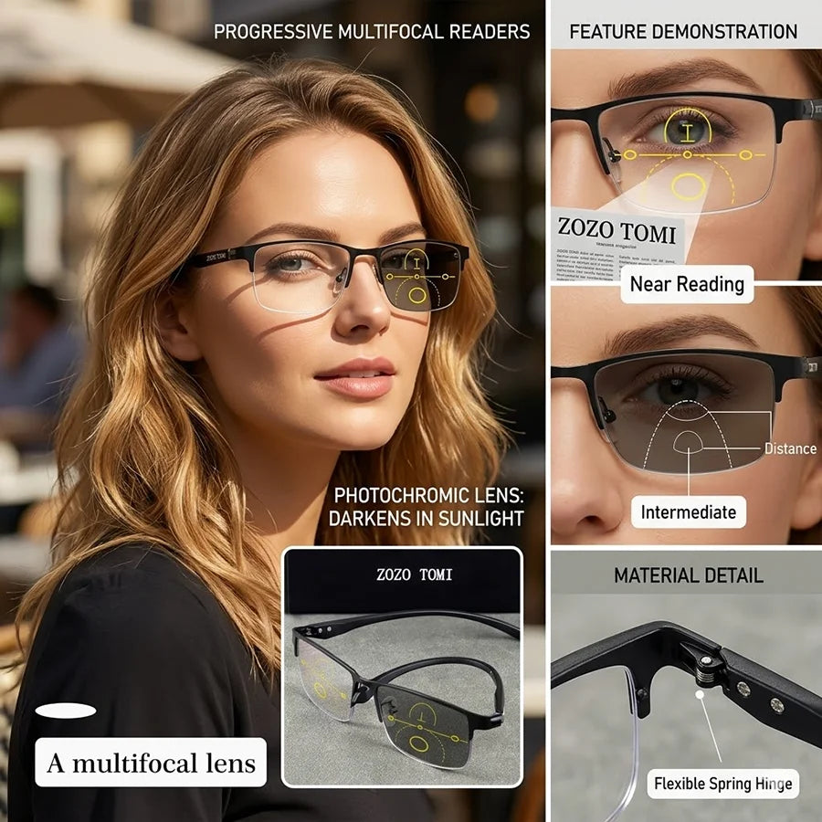 Men Women Square Progressive Multifocal Reading Glasses Photochromic Lens Ultralight Frame Flexible Temple Luxury Designer Glass