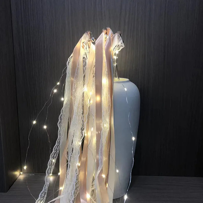 20-200Pcs Light Up Wedding Sparklers Wedding Wands Ribbon Streamers LED Silk Fairy Wands with Bells for Birthday Concert Raves