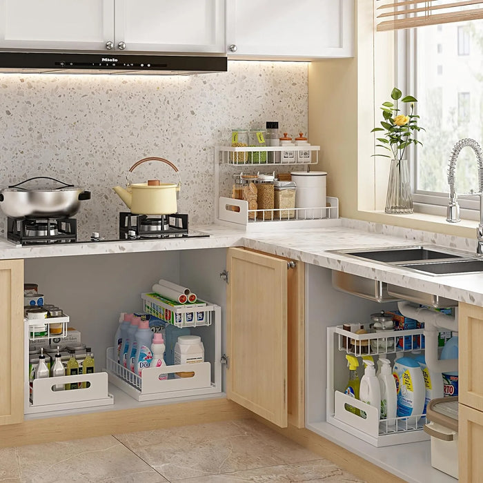 2 Tier Under Sink Organizer Pull Out Storage Rack With Sliding Drawer Wire Basket For Kitchen Bathroom Cabinet Organization