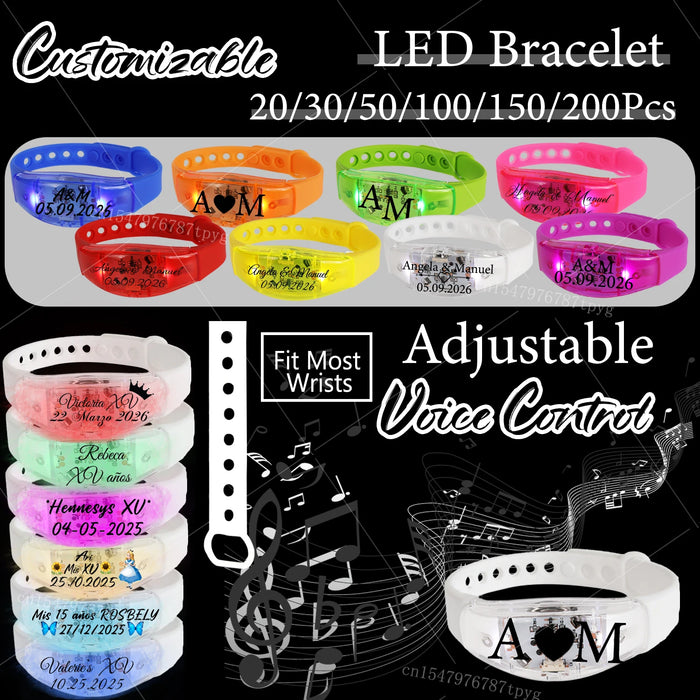 20-200 piezas Pulseras LED personalizables para bodas Pulsera de control de música y sonido Pulsera luminosa ajustable para bodas, cumpleaños, conciertos
