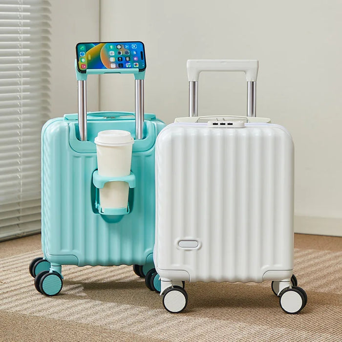 14-Inch Carry-On Suitcase with 3-Section Pull Rod Mobile Phone Holder And Cup Holder Lightweight Travel Luggage Handbag Suitcase
