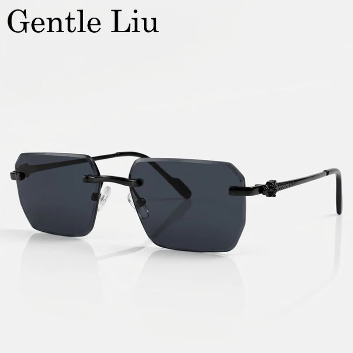 Y2K Rimless Square Sunglasses Men 2026 Luxury Vintage Punk Sun Glasses Hip Hop Metal Frame Steampunk Shades Leopard Head Eyewear