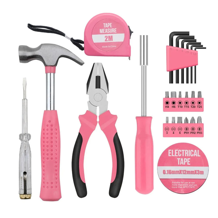 Pink Portable Hand Tools Combination Home Repair Tool Kit with Hammer Vise Wrench Screwdriver for DIY and Car Emergency