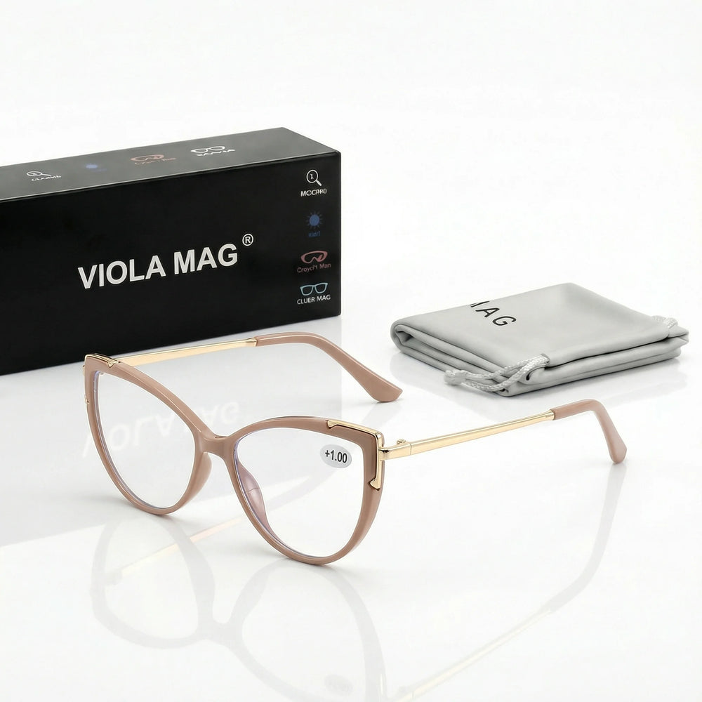 VIOLA MAG Lunettes de lecture œil de chat vintage, Lunettes anti-lumière bleue en métal, Quotidien femme, Pochette à lunettes
