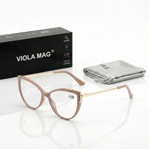 VIOLA MAG Vintage Cat Eye Reading Glasses, Metal Anti Blue Light Glasses, Women's Daily Commuting, Glasses Bag