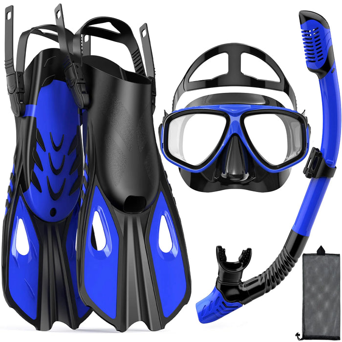 Mask Fins Snorkel Set 4 in 1 Panoramic View Dry Top Adjustable Short Dive Flippers Travel Bag Scuba Gear Diving Swimming Adults