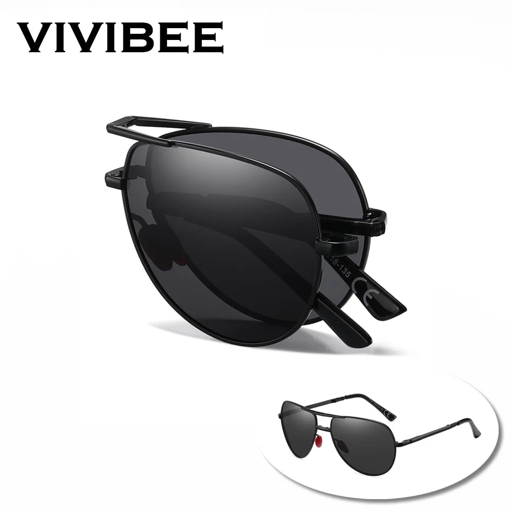VIVIBEE Metal Pilot Black Folding Sunglasses Polarized Men Titanium Shades Women Aviation UV400 Designer Mirror Blue Sun Glasses