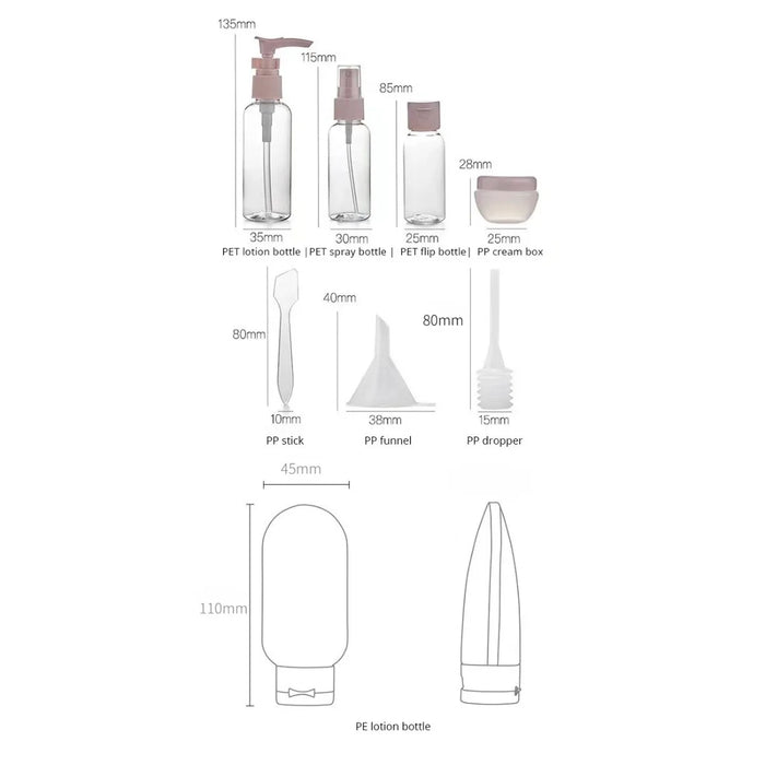 Juego de 11 botellas de viaje con bolsa de almacenamiento, recipientes de viaje vacíos para líquidos, cremas, lociones, botella pulverizadora de niebla fina, tubos exprimibles