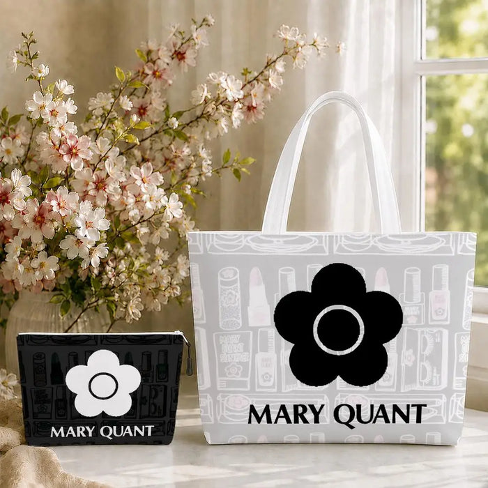 Fashion M-Mary Quant Storage Bags 2-Piece Canvas Tote Bag Set with Zipper Pouch Large Capacity Shopping Travel Bag