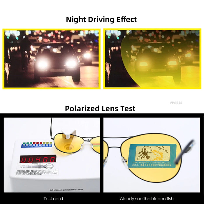Gafas de visión nocturna VIVIBEE Pilot para conducir, lentes amarillas polarizadas UV400, gafas de aviador para hombre, lentes de sol de visión nocturna