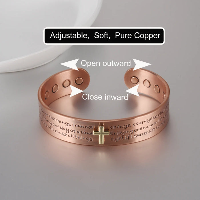 Pure Copper Bracelets for Men Cross Bible Adjustable Cuff Magnetic Bangles 15mm Arthritis Health High Magnet Jewelry Resizable